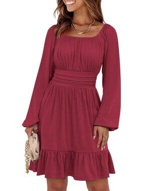 Women's Red Long Lantern Sleeve Waist Ruffle Flowy Swing A-Line Short Dress
